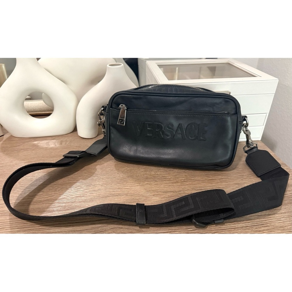 Versace Black Leather Camera Crossbody Bag